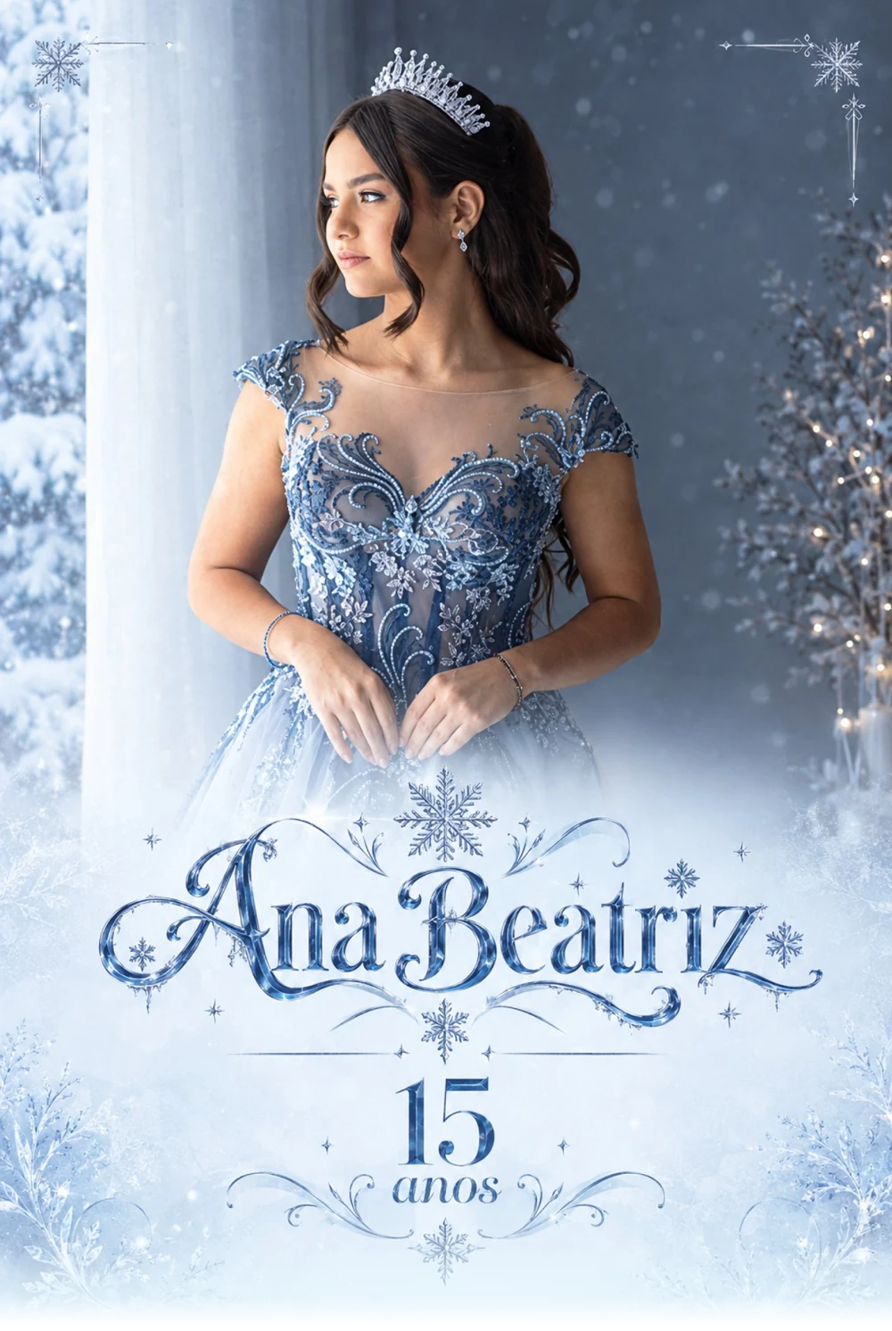 Ana Beatriz de tiara e vestido azul bordado em um cenário de inverno. Ana Beatriz, 15 anos.